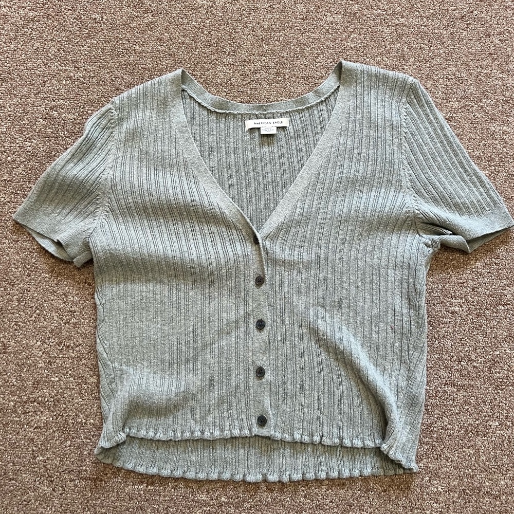 American Eagle Outfitters Green Ribbed Crop Button Down Shirt